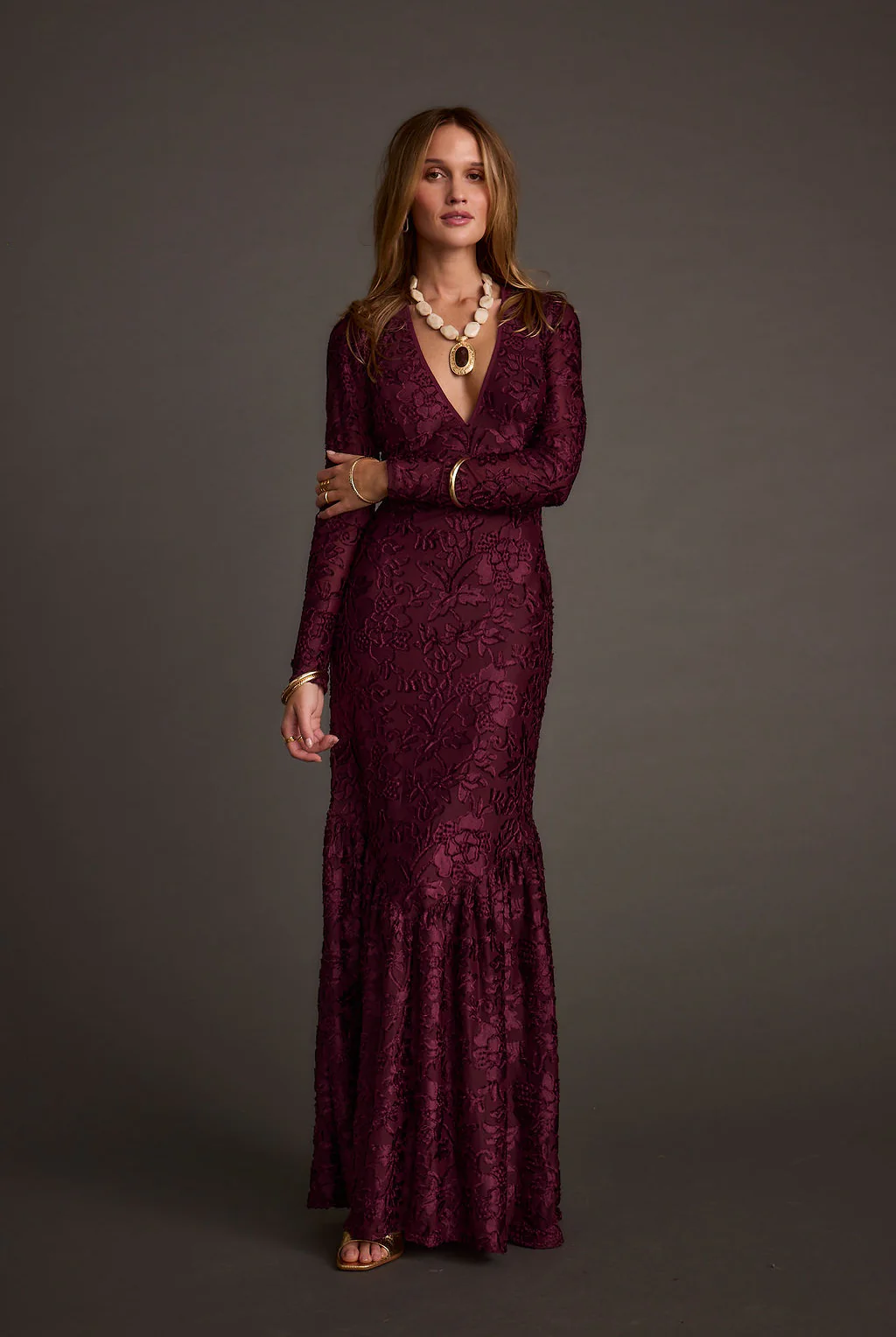 Angela Mulberry Velvet Burnout Long Sleeve Maxi Dress 3