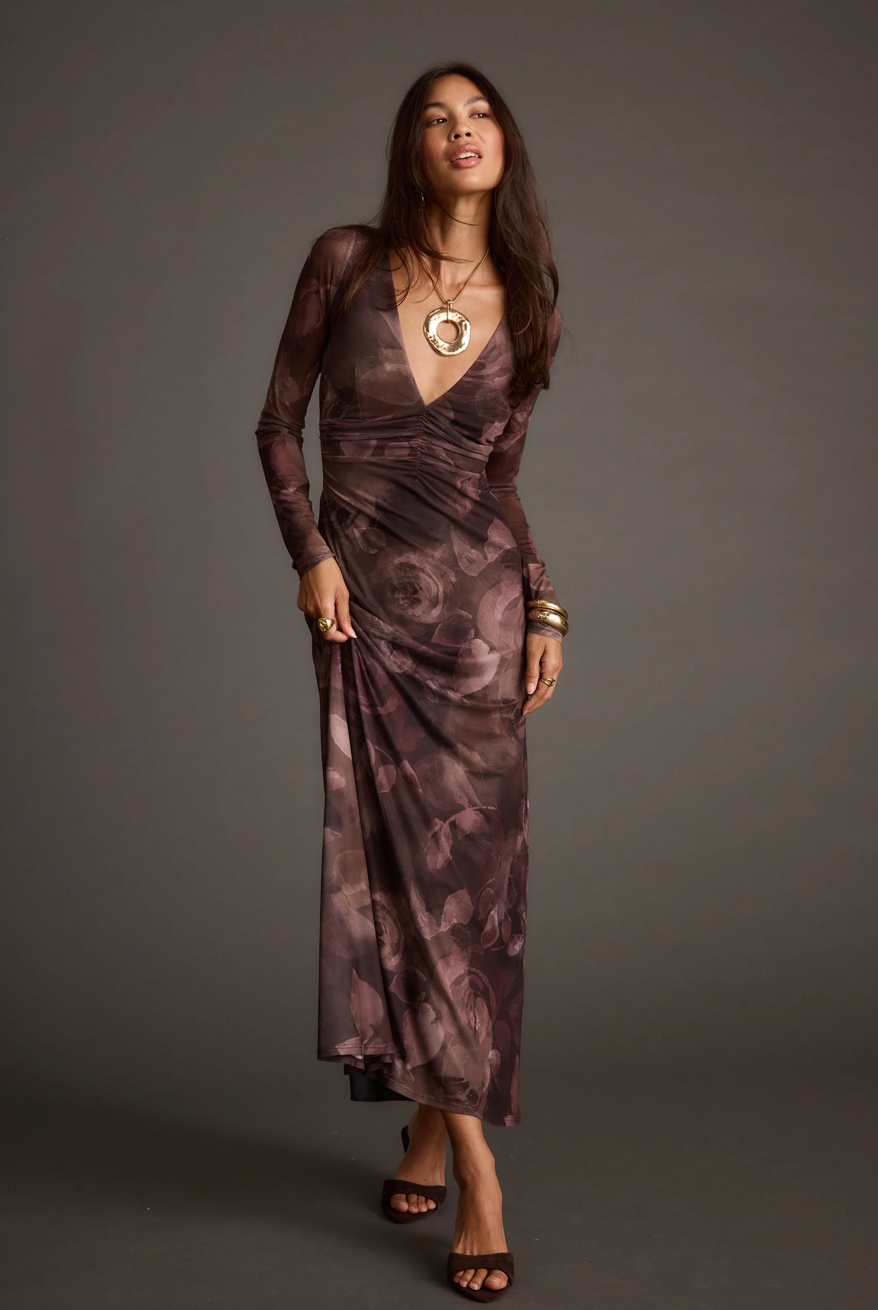 Kristin Plum Blur Mesh Maxi Dress